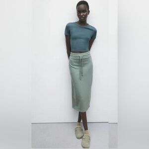 ZARA Plush Sage Seafoam Green Fleece Lined Drawstring Waist Pencil Skirt